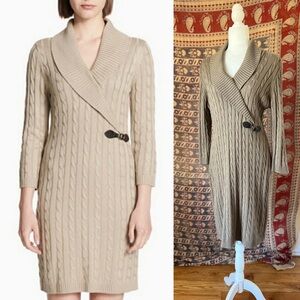 Calvin Klein Beige Cable Knit Sweater Dress Preppy stretch academia